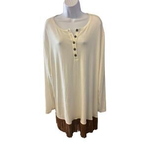 L&B Lucky & Blessed Womens Long Sleeve Cream and Brown Fringe Tunic Size 3XL